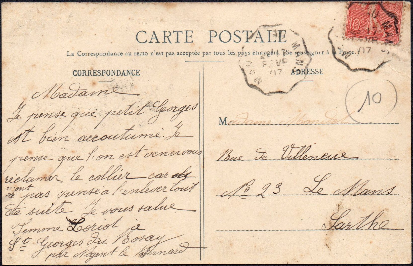 Courrier-Convoyeur : St-Georges-du-Rosay Convoyeur du Tramway 'Mamers au Mans' 1907